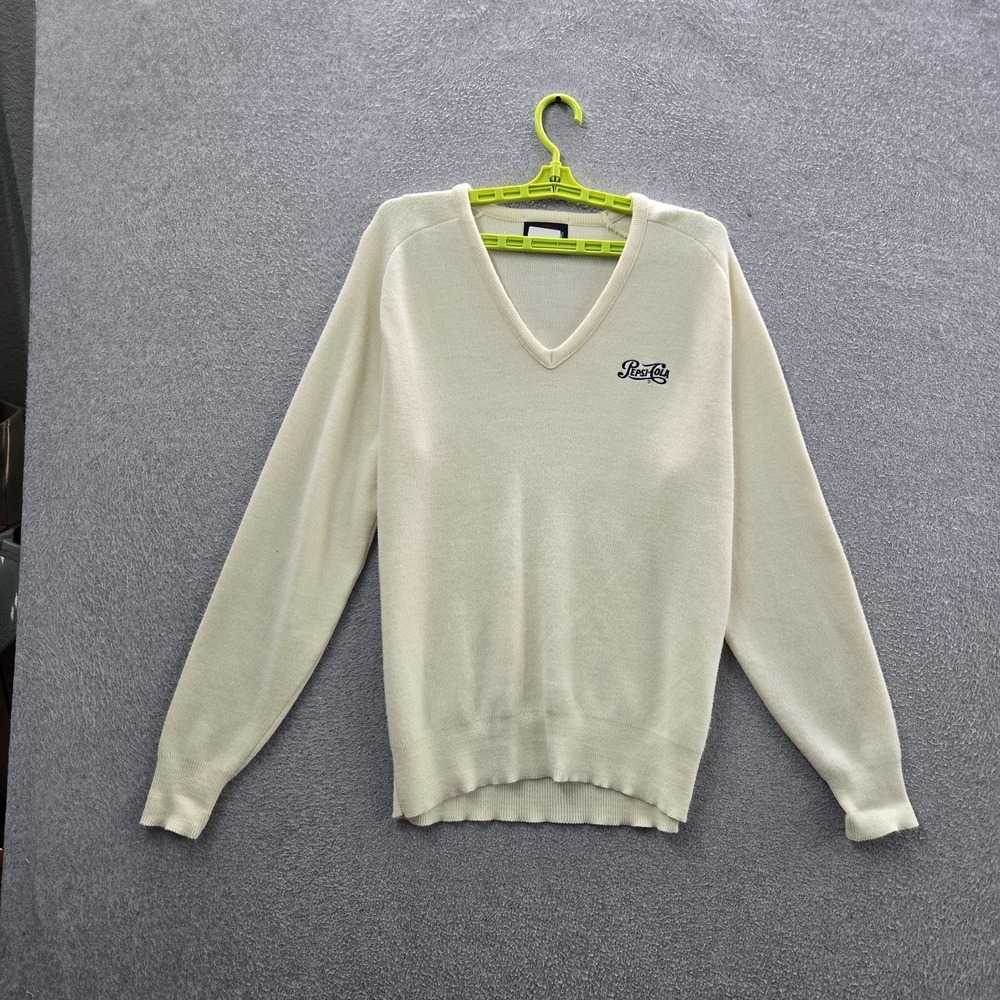 VINTAGE Pine State Men Sweater L Cream Embroidered Script Logo Pullover 90s USA